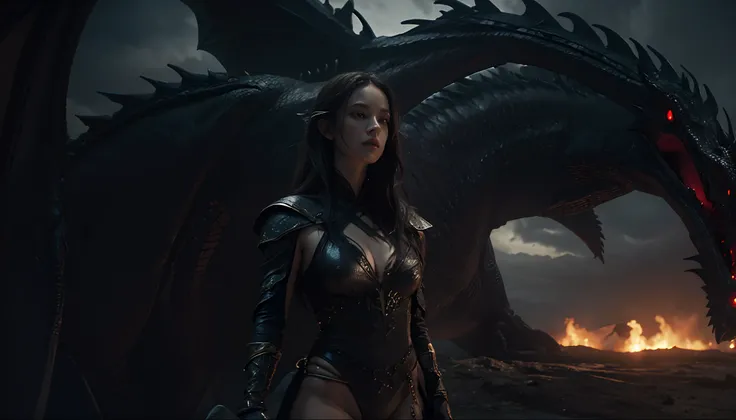 Upper body shot of a woman dressed in revealing leotard in the foreground, a giant dragon on the background, dark atmosphere, epic aesthetic, lord of the rings aesthetic, wallpaper, ultra detailed, photorealistic, masterpiece.