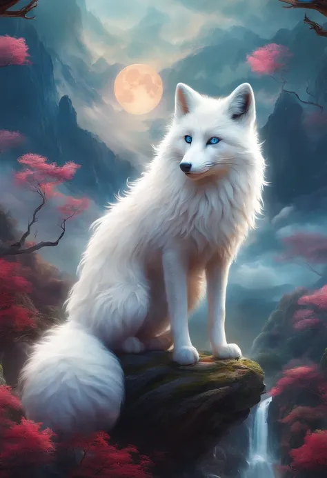 Chinese mythology，Huge white fox，Thick clouds，（（（Nine tails））），moutains，themoon，tmasterpiece，Best picture quality，super-fine，Super magical，ultra - detailed，8K分辨率，OC renderer，dynamic viewing angle