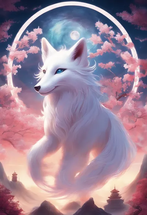 Chinese mythology，Huge white fox，Thick clouds，（（（Nine tails））），moutains，themoon，tmasterpiece，Best picture quality，super-fine，Super magical，ultra - detailed，8K分辨率，OC renderer，dynamic viewing angle