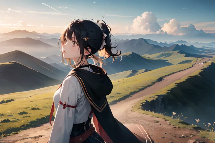 absurdres, highres, (official art, beautiful and aesthetic:1.2), close view,
shining sky, vast world, girl, gazing, awe-inspiring expression, distant horizon, clouds, high hill, natural beauty, inspiration, light effects,