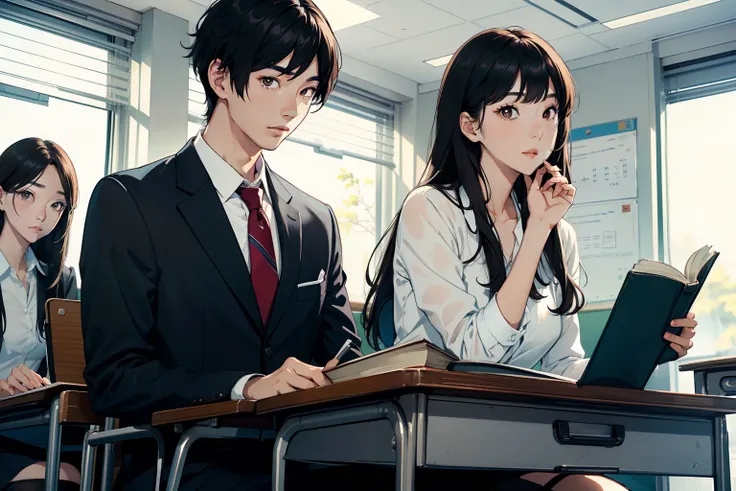 handsome Korean, tall , and flirty boy in the classroom sitting at chair staring a beautiful girl with long black brown hair in front of him, the girl is studying a book in focus and he is looking at her