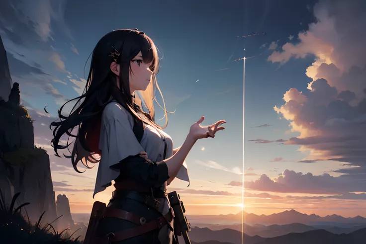 absurdres, highres, (official art, beautiful and aesthetic:1.2), close view,
shining sky, vast world, girl, gazing, awe-inspiring expression, distant horizon, clouds, high hill, natural beauty, inspiration, light effects,