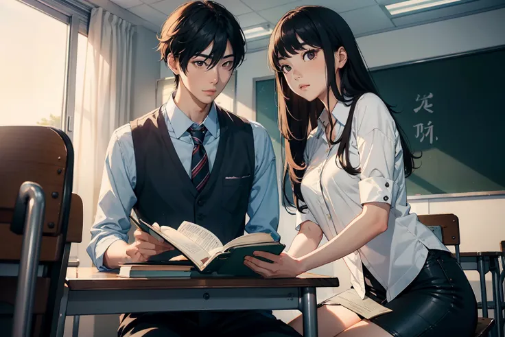 handsome Korean, tall , and flirty boy in the classroom sitting at chair staring a beautiful girl with long black brown hair in front of him, the girl is reading book with concentration and he is looking at her