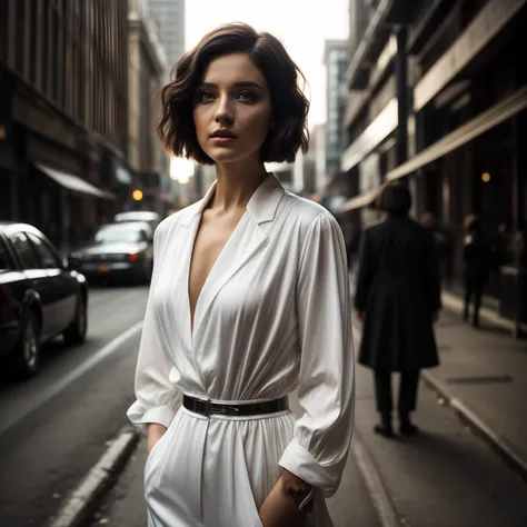 a cinematic photo of a young woman with intense amber eyes and a sleek bob haircut. she wears a crisp business suit while deep i...