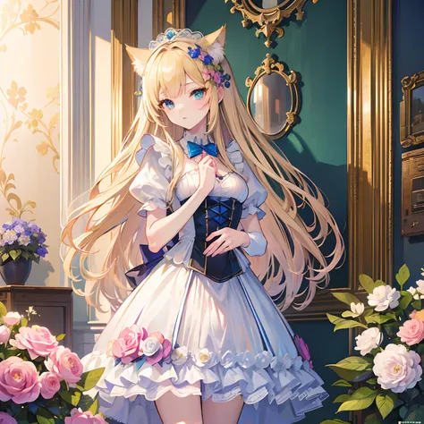 (Masterpiece, Best Quality, extremely detailed CGI, beautiful detail eyes, Ultra-detailed, intricate details:1.2), 8k wallpaper,   anime girl with long blonde hair, and maid costume standing in a field of flowers, official artwork, high quality image, anim...