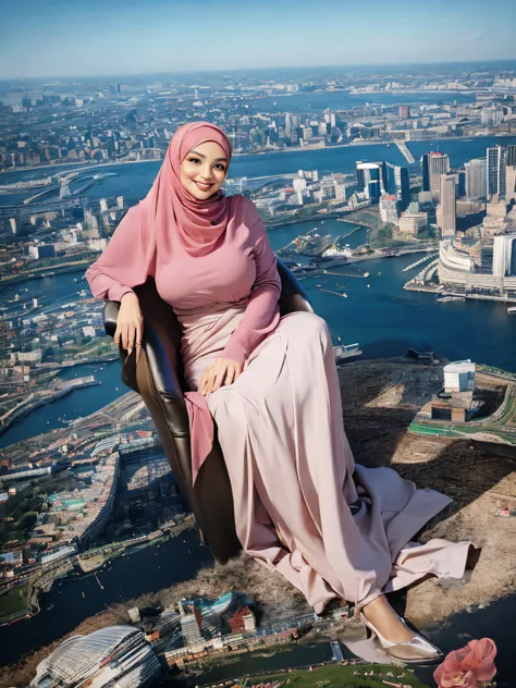 (Best quality, high resolution, masterpiece: 1.3), a beautiful malay woman in hijab, gigantic breasts, slim figure, sweatshirt, beautifully presented details in the street and facial and skin texture, detailed eyes, double eyelids, big eyeschest visible, s...