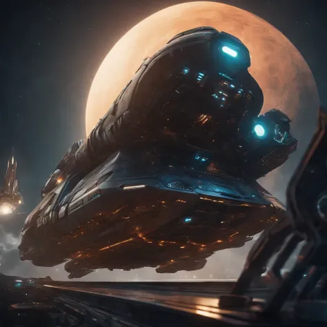 A huge spaceship in a cyberpunk style, with a starry sky backdrop. There is a terrifying creature on the ship. In the right upper corner, there is a black hole. The image has the best quality, with 4k or 8k resolution, high-res, and can be considered a mas...