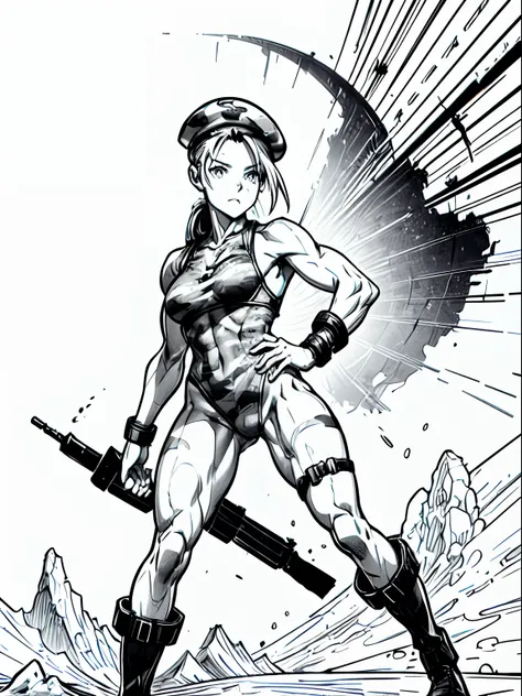 1girl as SF2CW, 25-year-old soldier with perfect body,Beautiful and well-groomed face,muscular body:1.2,Detailed camouflage jacket, leotard, beret, boots, Camouflage tank top、is standing, (Image from head to thigh), monochrome, greyscale, manga detailed dr...