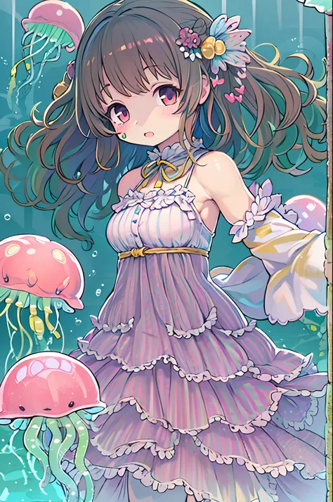 Pretty girl yes,flat chest,kawaii,(Jellyfish girl:1.2), arms behind back,under the water,frilly dress,