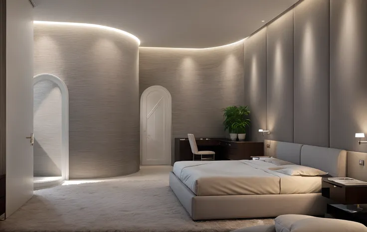 in the night, nice lighting,
luxurious bedroom interior design, luxury interior, luxurious bed,tufted carpet, large glass window...