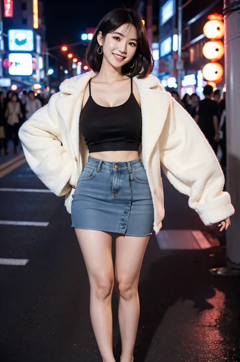 A Japanese milf, one shot girl, Big breasts, Slender figure, Realistic teeth, double eyelids, mini skirt, standing, full-length, smile, Casual Fashion, background is night building,