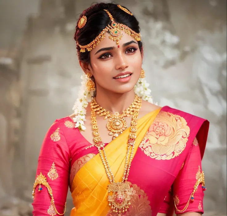 tamil nadu hindu girl, 25-year-old, traditional dress, gentle sun lighting on face , intricate facial details, flawless complexion, top-notch 3D rendering, hyper-realistic, shot on hilly road. photorealistic digital art trending on Artstation 8k HD high de...