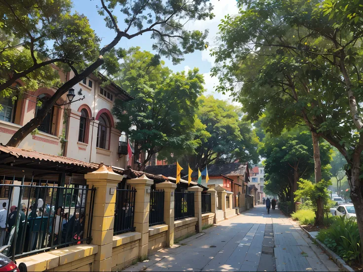 trees are growing along the sidewalk of a city street, colonial era street, photograph of the city street, colombo sri lankan ci...