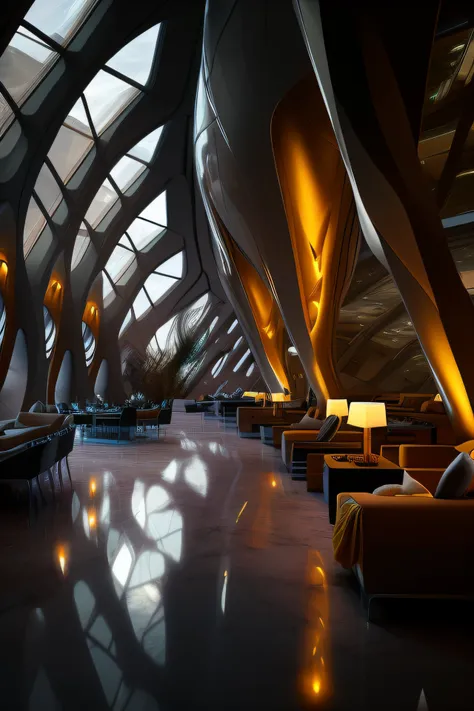 View of Aalfed from a large room with lots of windows, in style of zaha hadid architect, zaha hadid style architecture, in style of zaha hadid, in a futuristic desert palace, Zaha Hadid architecture, portal. zaha hadid, inspired by Zaha Hadid, Alien archit...