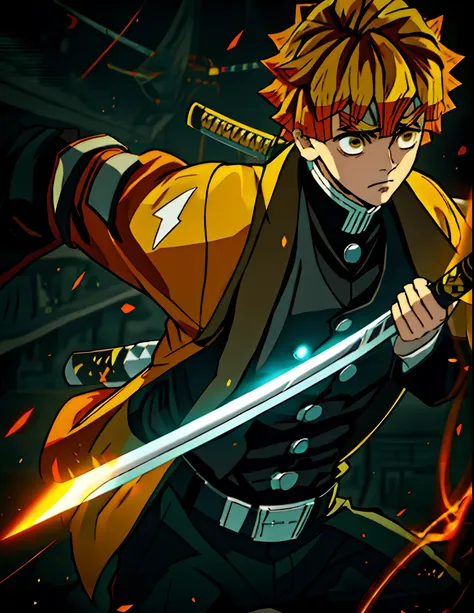 anime character with a yellow jacket and black pants holding a katana, demon slayer, key anime art, blazing infero, official art...