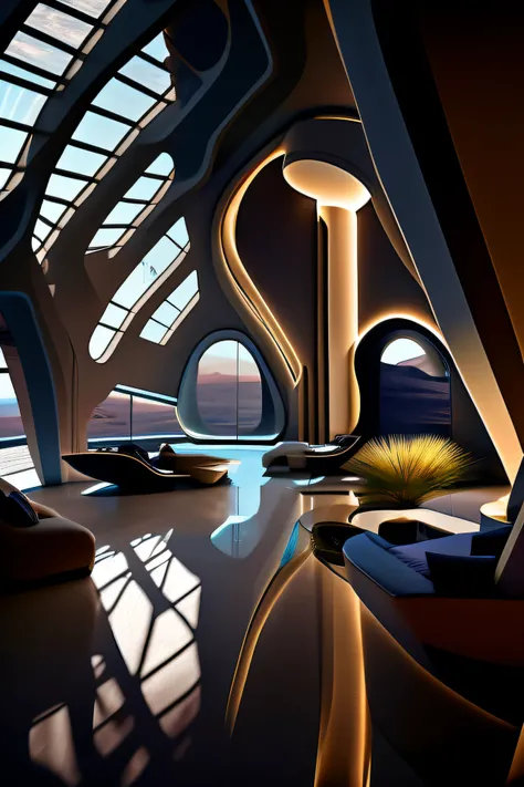 View of Alfide from a large room with many windows, in style of zaha hadid architect, zaha hadid style architecture, in style of zaha hadid, in a futuristic desert palace, Zaha Hadid architecture, portal. zaha hadid, inspired by Zaha Hadid, Alien architect...