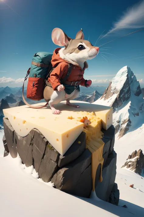 Design a funny scene where a mouse embarks on a daring mountain-climbing expedition, complete with mouse-sized mountaineering gear and an oversized piece of cheese at the peak.