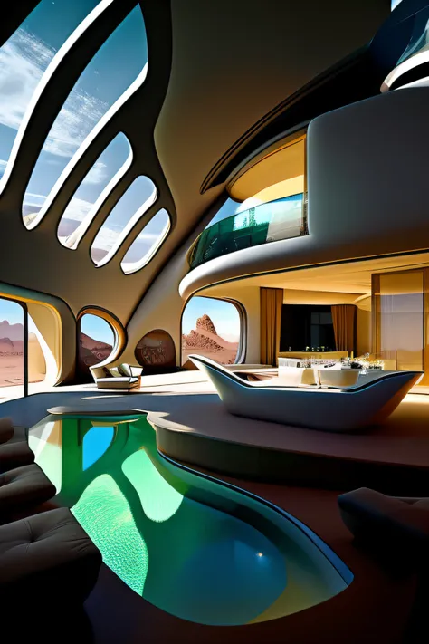 Alfide can be seen from the large room with many windows, in style of zaha hadid architect, zaha hadid style architecture, in style of zaha hadid, in a futuristic desert palace, Zaha Hadid architecture, portal. zaha hadid, inspired by Zaha Hadid, Alien arc...