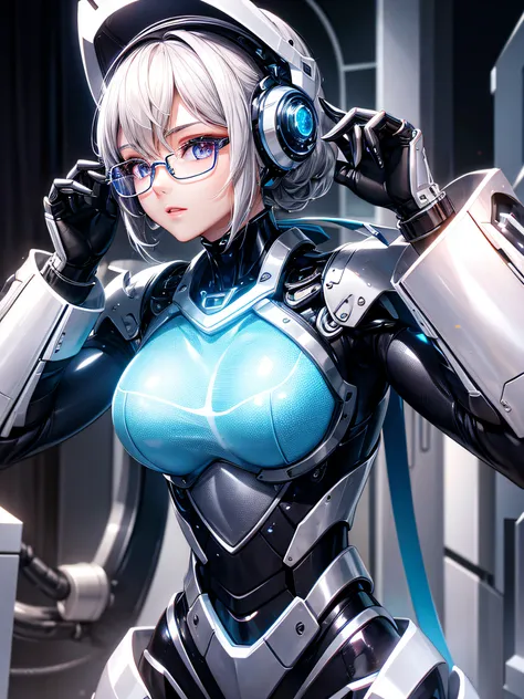 5 8K UHD、Mechanical beauty with shiny silver body wearing glasses is posing、Shiny silver robot with hidden skin