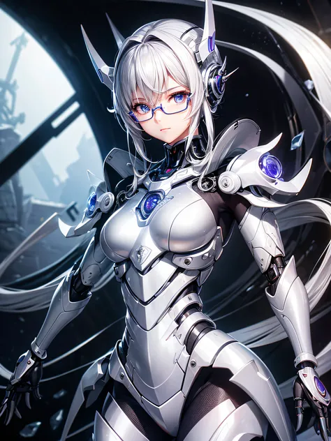 5 8K UHD、Mechanical beauty with shiny silver body wearing glasses is posing、Shiny silver robot with hidden skin