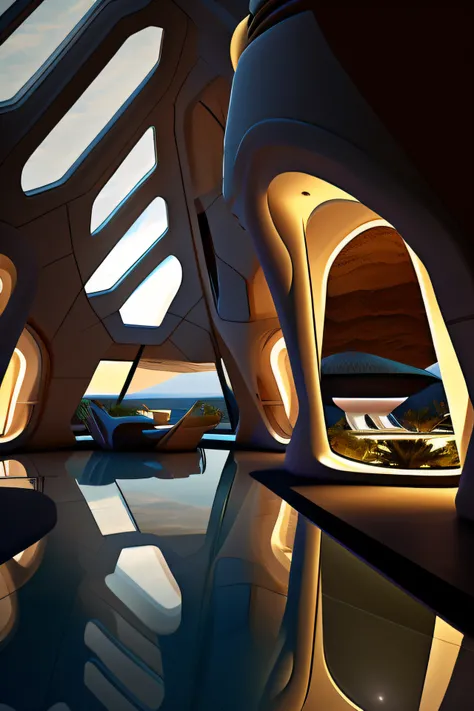 Alfed can be seen from the large room with many windows, in style of zaha hadid architect, zaha hadid style architecture, in style of zaha hadid, in a futuristic desert palace, Zaha Hadid architecture, portal. zaha hadid, inspired by Zaha Hadid, Alien arch...