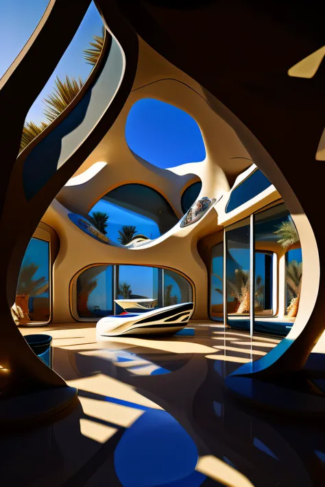 Alfed can be seen from the large room with many windows, in style of zaha hadid architect, zaha hadid style architecture, in style of zaha hadid, in a futuristic desert palace, Zaha Hadid architecture, portal. zaha hadid, inspired by Zaha Hadid, Alien arch...