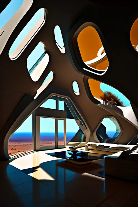 Alfed can be seen from the large room with many windows, in style of zaha hadid architect, zaha hadid style architecture, in style of zaha hadid, in a futuristic desert palace, Zaha Hadid architecture, portal. zaha hadid, inspired by Zaha Hadid, Alien arch...