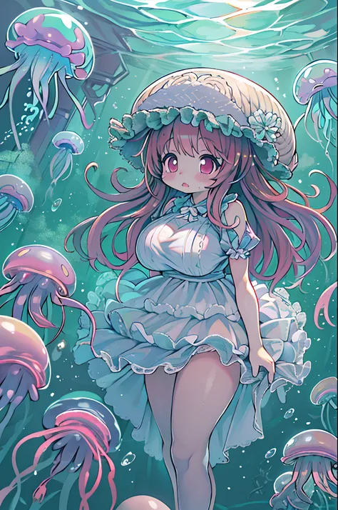 Pretty girl yes,huge-breasted,kawaii,(Jellyfish girl:1.2),bbw、 arms behind back,under the water,frilly dress,