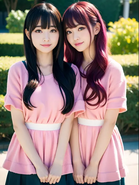 twinsies、kawaii、japanes、Big、pubick hair, Colored inner hair, makeup, Shy, blush, Smirk, depth of fields,  hight resolution, Textured skin