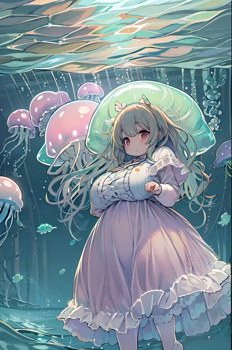 Pretty girl yes,huge-breasted,kawaii,(Jellyfish girl:1.2),bbw、 arms behind back,under the water,frilly dress,