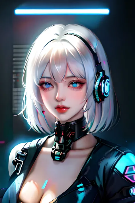 1girl, bangs, white hair, blue eyes, fashi-girl,bob cut,short hair, cleavage, collarbone, open jacket,mecha,cyberpunk,neon lights,large breasts,mature female,shiny skin,rain,water drop,badass,alluring,mecha musume,ghost in the shell,red lips,looking to the...