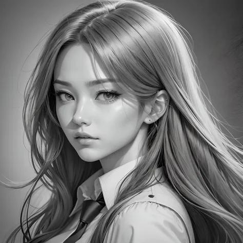 Drawing of a woman with long hair and tie, Manga inspired by Lee Jong-suk, trending on deviantart, Realism, detailed manga style, manga art style, perfect lineart, beautiful line art, black and white manga style, in style of manga, Pencil drawing,comic dra...