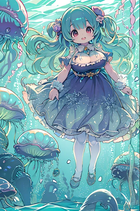 Pretty girl yes,huge-breasted,kawaii,(Jellyfish girl:1.2),bbw、 arms behind back,under the water,frilly dress,