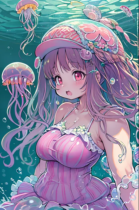 Pretty girl yes,huge-breasted,kawaii,(Jellyfish girl:1.2),bbw、 arms behind back,under the water,frilly dress,