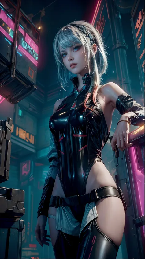 ((Best quality)), ((masterpiece)), (highly detailed:1.3), 3D, 1girl sexy beautiful, (cyberpunk:1.2), in space, nebula, holding_weapon, 1girl, solo