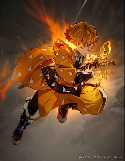 zenitsu agatsuma, orange-haired anime boy from the world of demon slayer, stands in the midst of a blazing inferno. he is wearin...