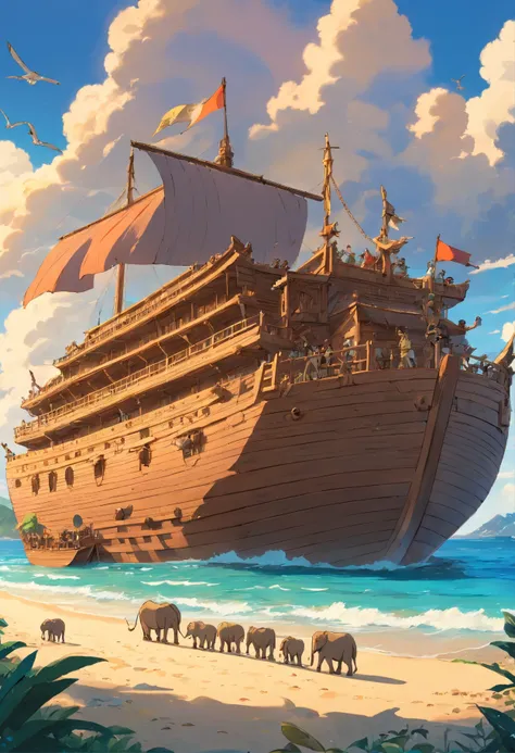 Noah Ark, large ship made of wood, anchored at the edge of the beach, (there are elephants, giraffes, goats, buffalo, sheep, wolves, rhinos, lions, tigers and other animals on board the ship), no human beings are aware, film grain, cinematic scene, Masterp...