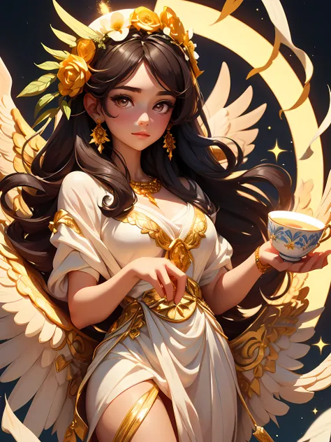 Greek goddess Hebe depicted as a young virgin, holding a cup and wearing a white Greek white long dress and wearing a flower crown or a golden wreath and a garment made up of varying colours. She has dark hair and sparkling eyes and is sometimes accompanie...