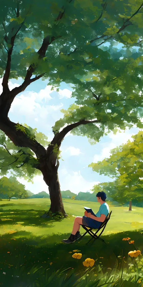 Sentado bajo un viejo roble, leyendo un libro de novelas. A leafy tree, A sunny day. Un joven, Under a tree reading a book, Paisaje despejado, 8k, cara pixart legal, lugar inspirador del campo.