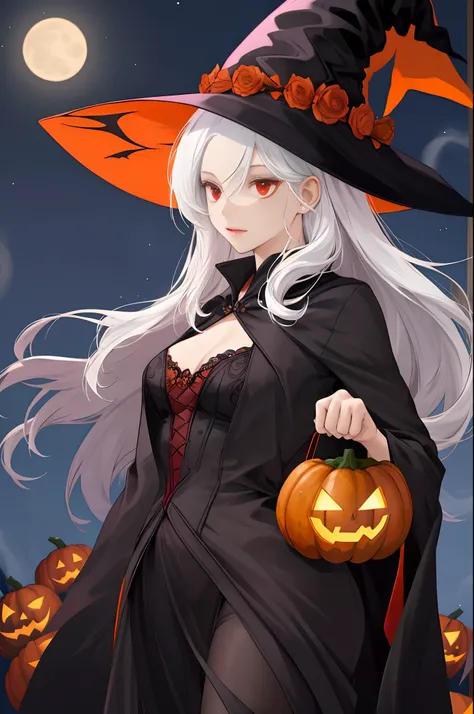 Theres a woman in a witch costume holding two pumpkins, a witch hat, a witch outfit, a black outfit, white hair,  Halloween night background, red eyes, a pretty girl