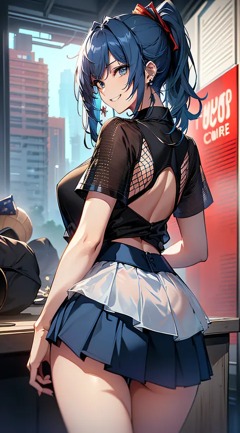 top-quality、Top image quality、​masterpiece、girl with((18year old、Best Bust、Medium bust、Bust 85,Beautiful blue eyes、Breasts wide open,Black Short Sleeve T-Shirt、White see-through、Black short skirt、Ponytail with black hair、grin、Fashionable bags、Beautiful blu...