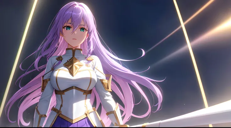 Athena with plain long light purple hair,hair between eyes,green eyes,rosy cheeks,full lips,thin eyebrows,slender body,golden juliet knight armor with very long skirt,cute anime girl,full body,crystals cave,anime style,Lumen Reflections,Screen Space Reflec...