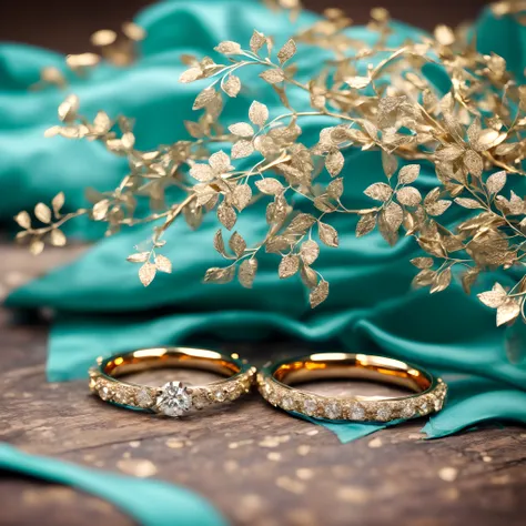 Products photography of one weeding ring, metal materials, gold, beautiful white and cyan diamond