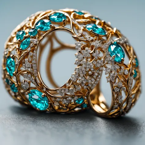 Products photography of one weeding ring, metal materials, gold, beautiful white and cyan diamond