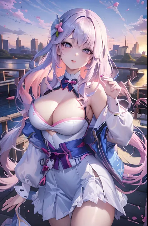 Anime girl posing on bridge with pink hair and white dress, seductive anime girls, Perfect white haired girl, Best anime 4k konachan wallpaper, Guweiz in Pixiv ArtStation, Guweiz on ArtStation Pixiv, Beautiful anime girl, trending on artstation pixiv, 4K a...