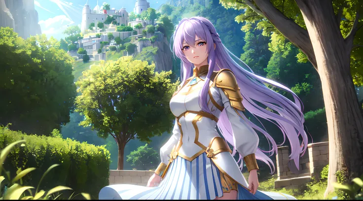 Athena with plain long light purple hair,hair between eyes,green eyes,rosy cheeks,full lips,thin eyebrows,slender body,silver juliet knight armor with very long skirt,cute anime girl,full body,village in background,anime style,Lumen Reflections,Screen Spac...