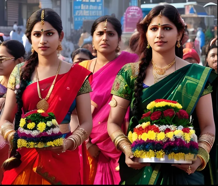 women in colorful saris carrying flowers and garlands in a parade, beautiful women, wearing traditional garb, traditional female hairstyles, showpiece, peredvishniki, elaborate composition, vibrant hues, by Bholekar Srihari, festival of rich colors, a beau...