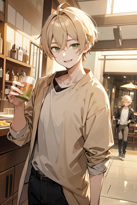 ((1 Young Man))、Beige hair color、shorth hair、the eyes are light green、tall、Casual clothing、Facing the front、A smile、Drunk