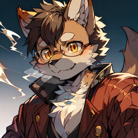 solo person，shaggy male，Furry，，Middle aged，Middle aged，Older，Dogs，Shiba dog，canid，light brown fur，Gold eyes，Wearing glasses，smokeing，Detective，