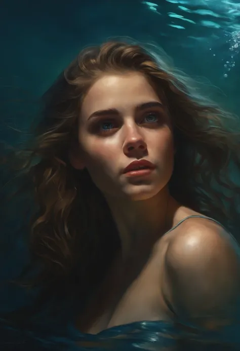 16-year-old female FBI profiler, sweet, playful, light brown hair, hazel eyes, underwater, looking scared, man holding her aggressively, portrait, oil painting, high-res, ultra-detailed, realistic, vibrant colors, dramatic lighting.